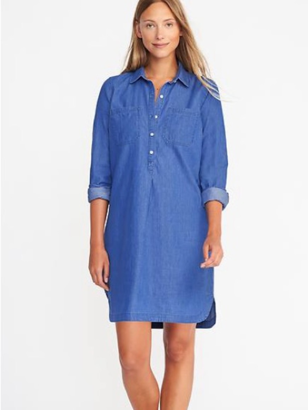 Old Navy Chambray Denim Shirt Dress Large 100% Cotton Shift Utility Casual Blue